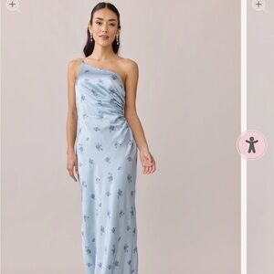 Revelry Satin One-Shoulder Light Blue Floral Dress